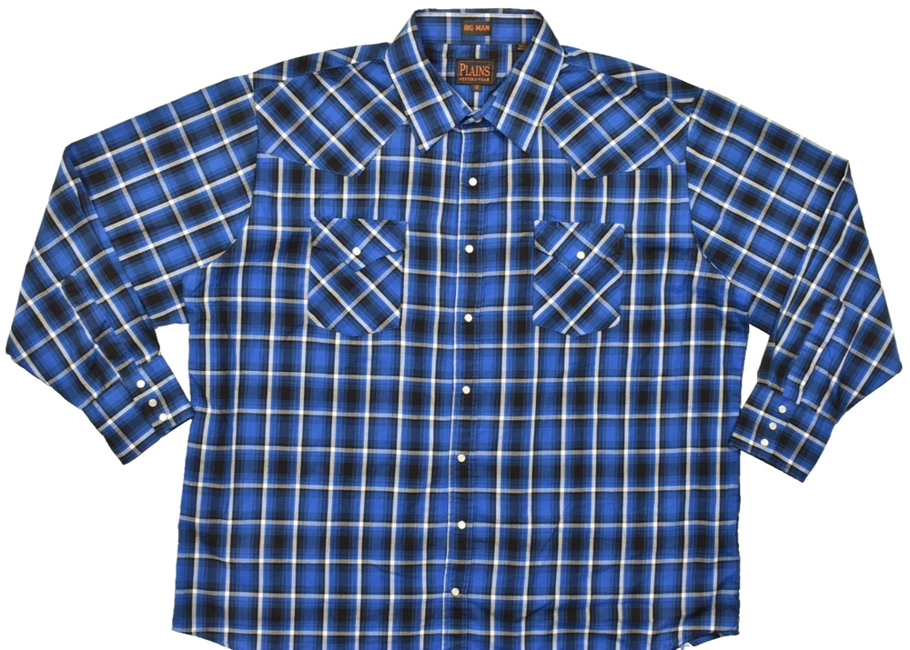 Plains Western Wear Shirt Big Man 2X Blue Plaid Long Sleeve Pearl Snap Men Butto